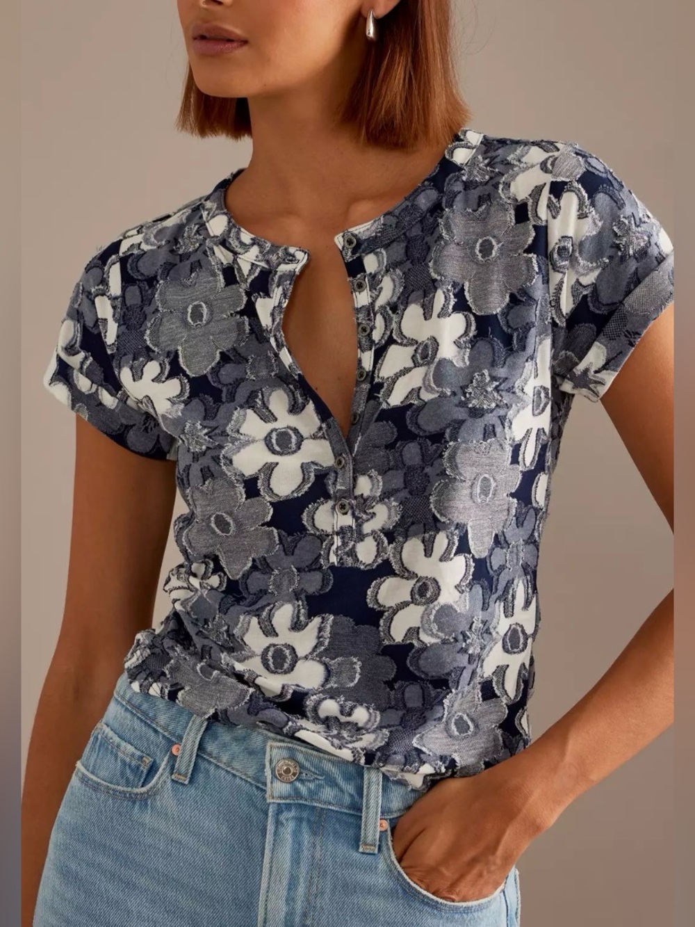 Pilcro for Anthropologie Navy Floral Henley Short Sleeve Top with White Flowers